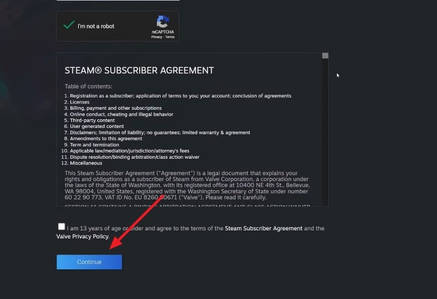 press continue to create account