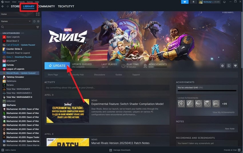 select game press update