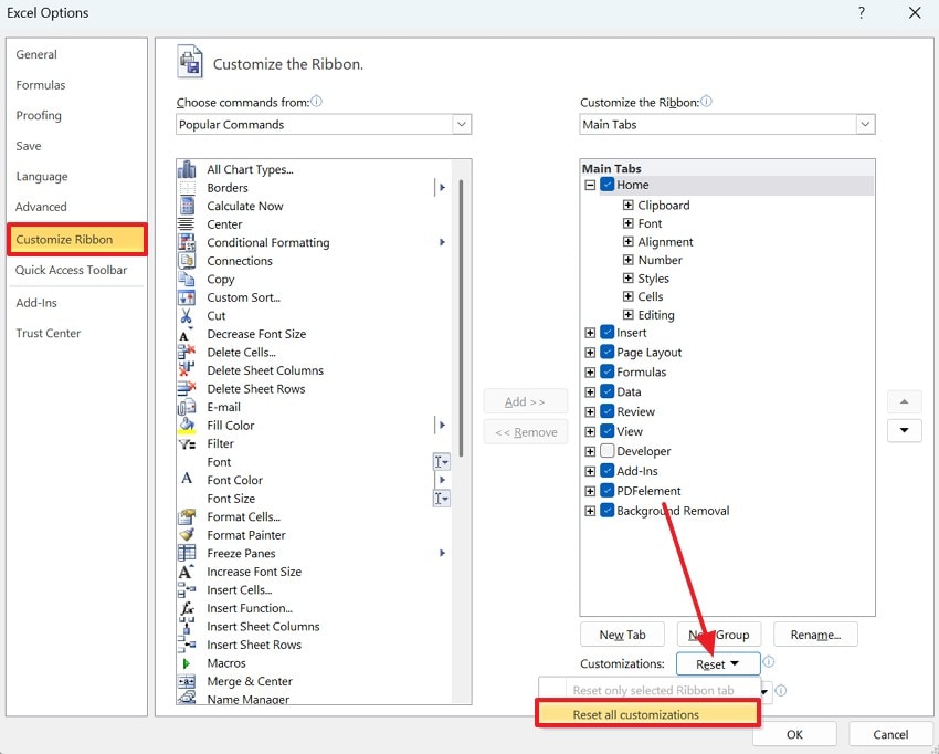 reset all customizations