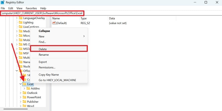 disable excel from registry editor