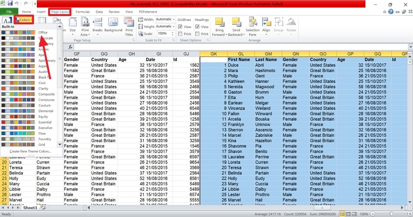 reset office colors on excel