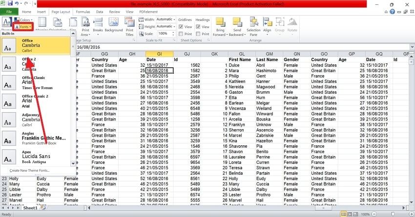 reset office fonts omn excel