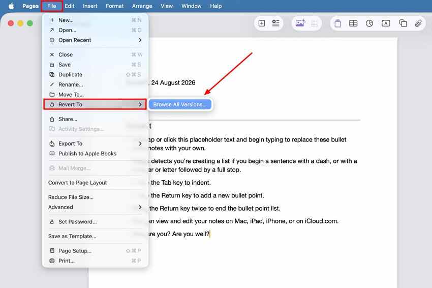 open the pages revert to versions menu