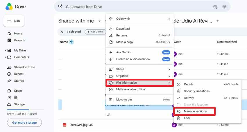 open google drive manage versions