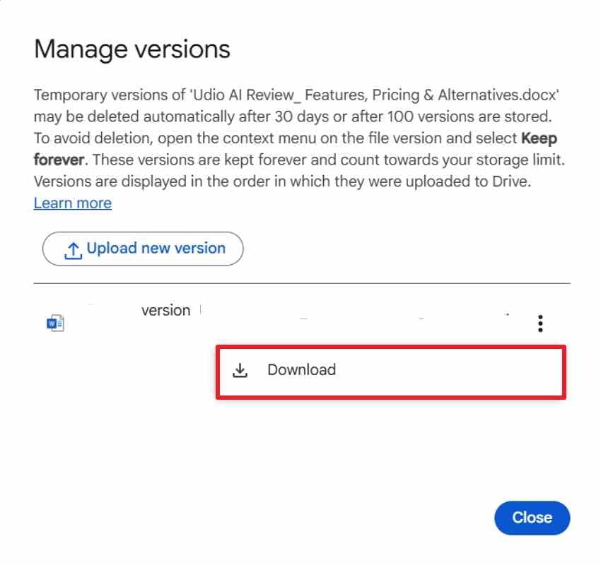download an earlier google drive file version