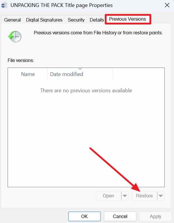 restore a previous file version in windows