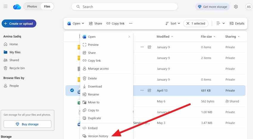 access onedrive file version history