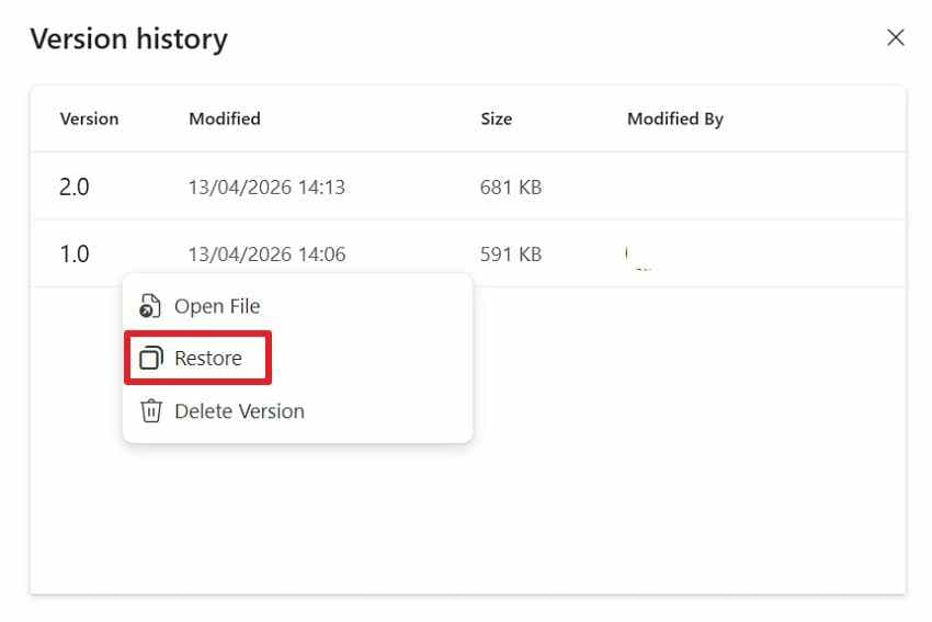 restore an earlier onedrive file version