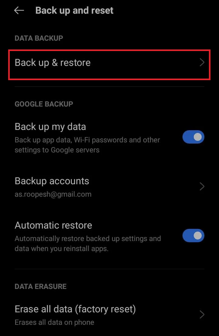 back up & restore option