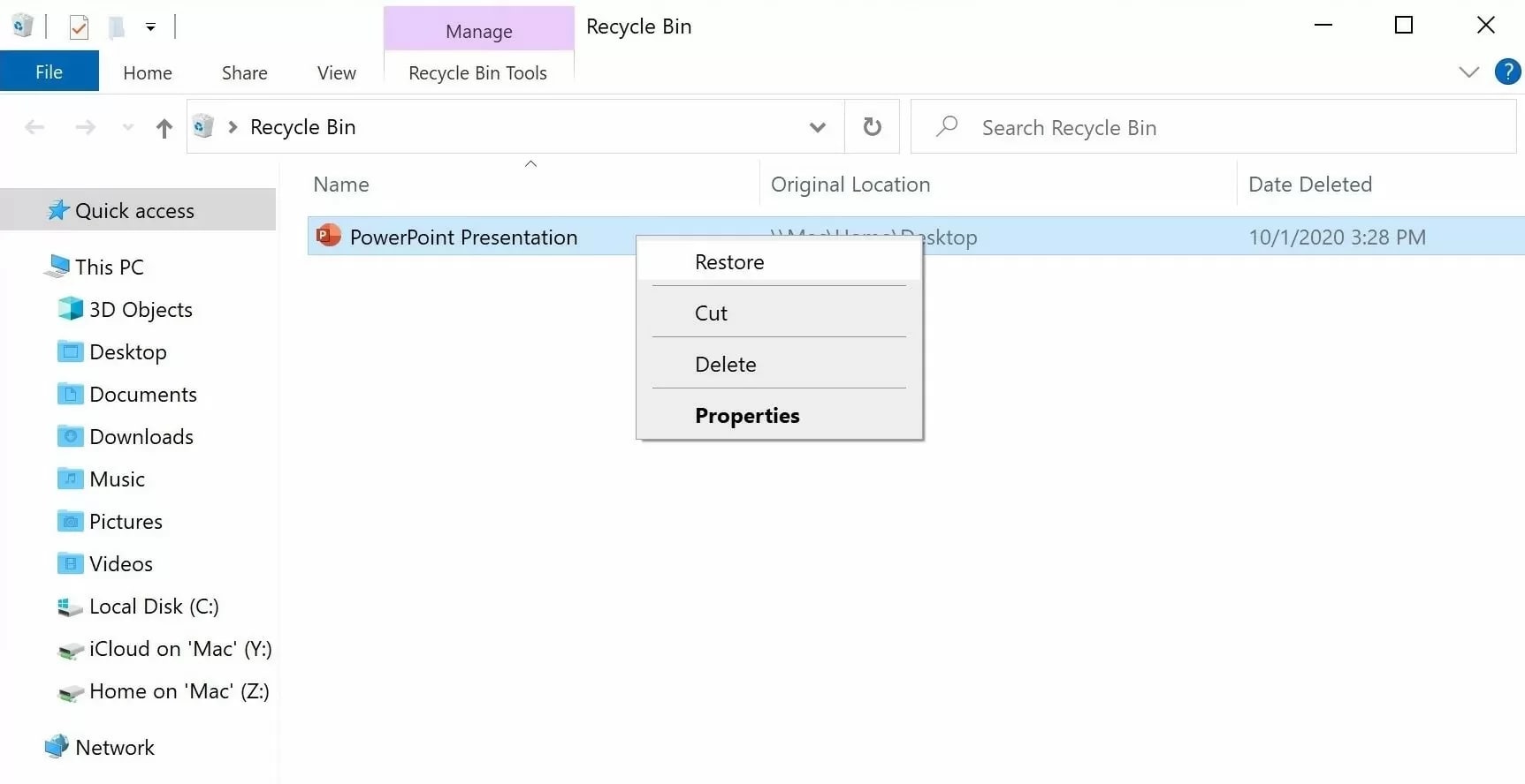 find presentations in the recycle bin