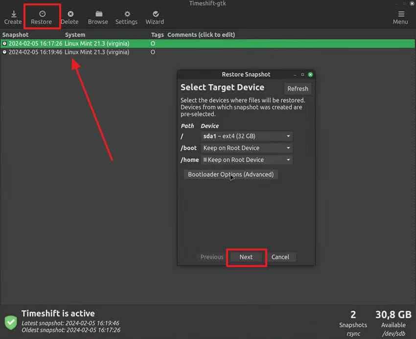 choose backup from timeshift