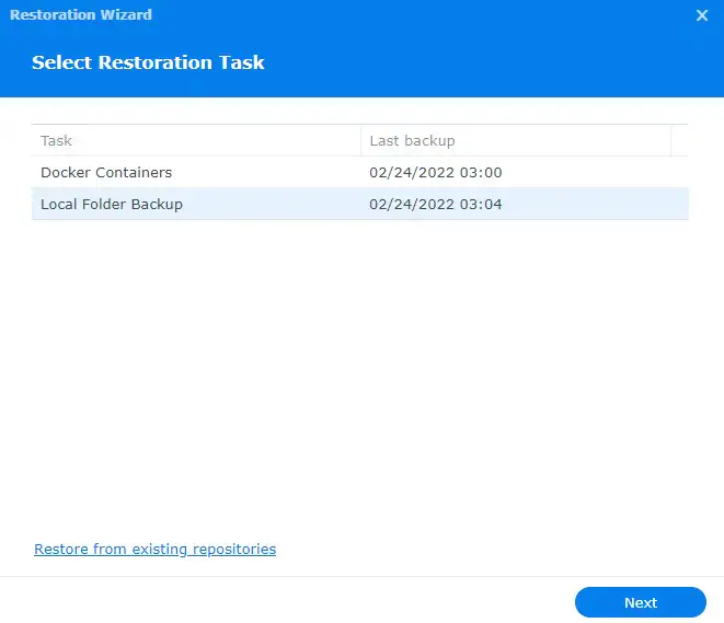 sélectionnez la tâche de restauration