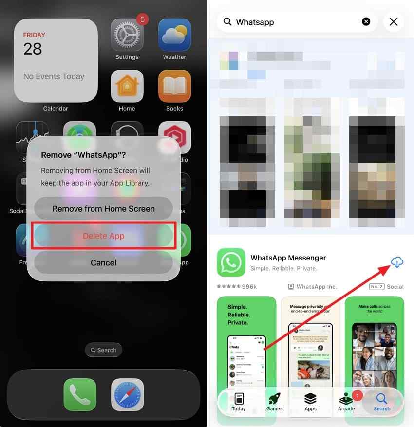 delete and reinstall whatsapp app