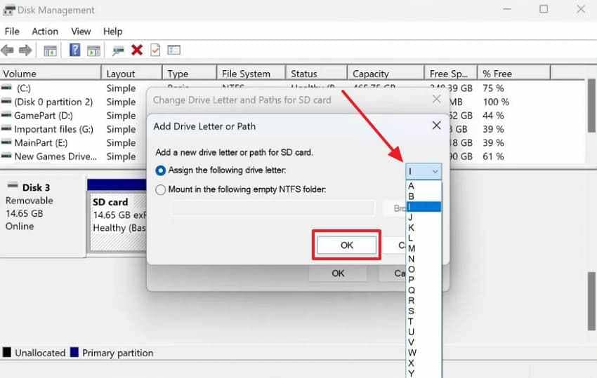 assign drive letter to sd card