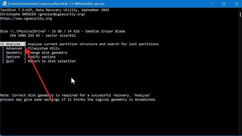 choose analyse for sd card