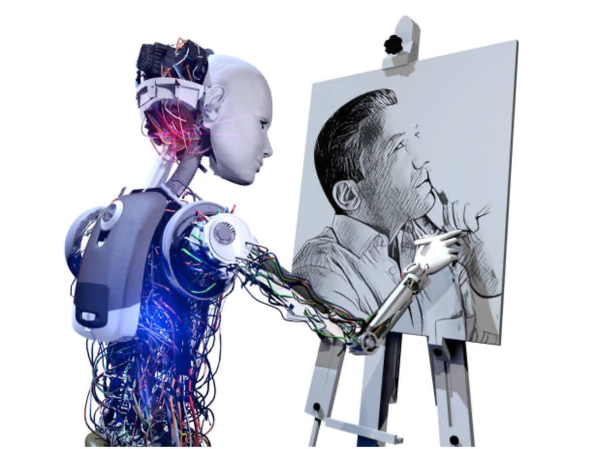a robot drawing a man on a canvas
