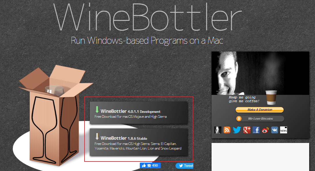 Gehen Sie zu winebottler.kronenberg.org, um das WineBottler-Programm auf Ihren Mac herunterzuladen. Wählen Sie die Version, die zu Ihrem MacOS-System passt.