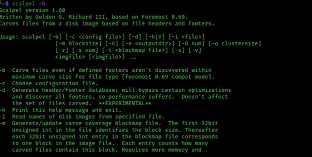 scalpel has a useful menu to detail all commands