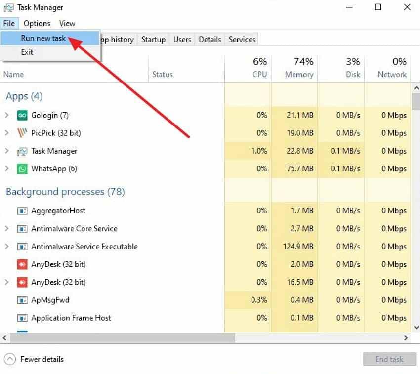 run new task menu