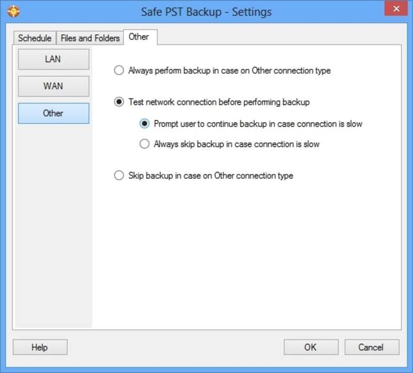safe pst backup connection settings