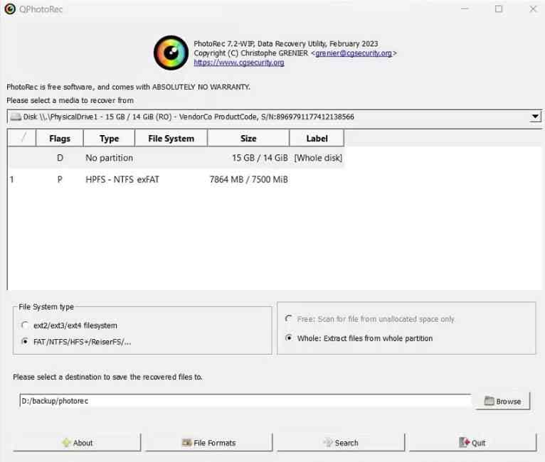 qphotorec 7.2 data recovery interface