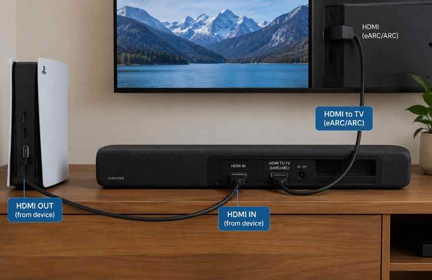connect external source through samsung soundbar hdmi input