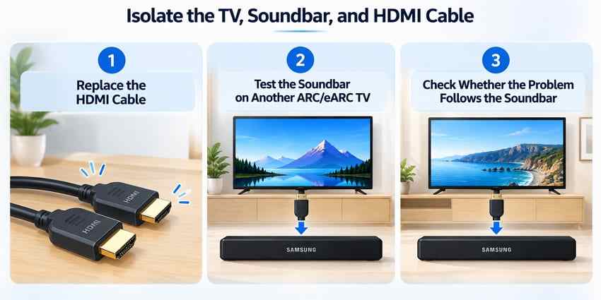 isolate samsung tv soundbar and hdmi cable fault