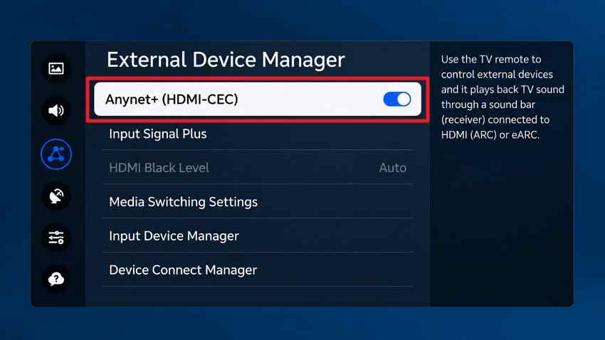 enable anynet hdmi cec on samsung tv