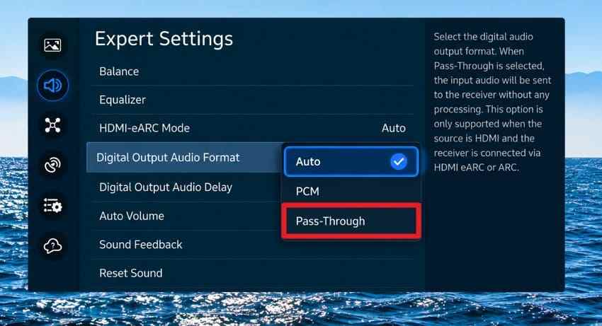 select pass through audio format on samsung tv