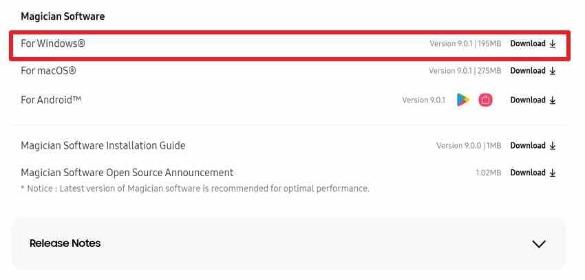 samsung magician windows download on official tools page