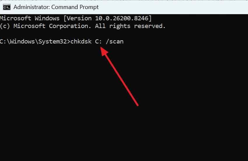 administrator command prompt with chkdsk c scan entered