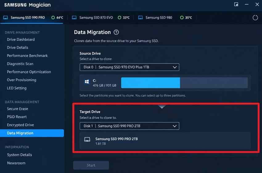 samsung magician system partition and samsung ssd target details