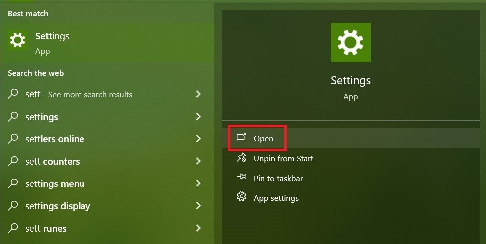 open settings from the start menu