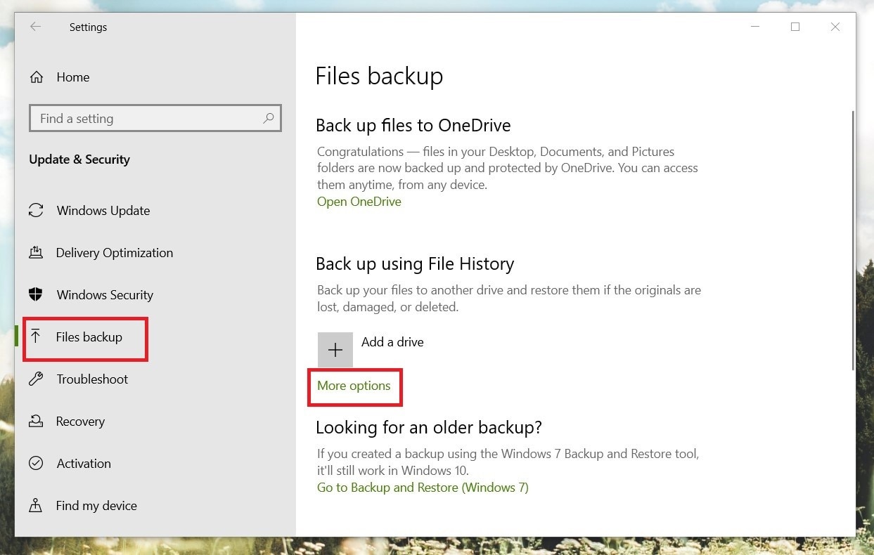 choose more options in files backup