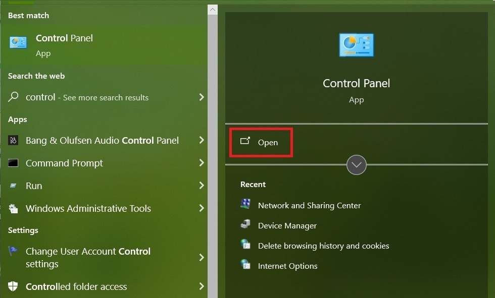 open control panel from start menu