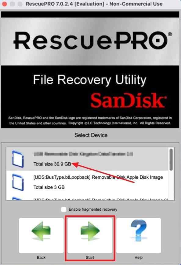 rescuepro mac select device window with the start scan control