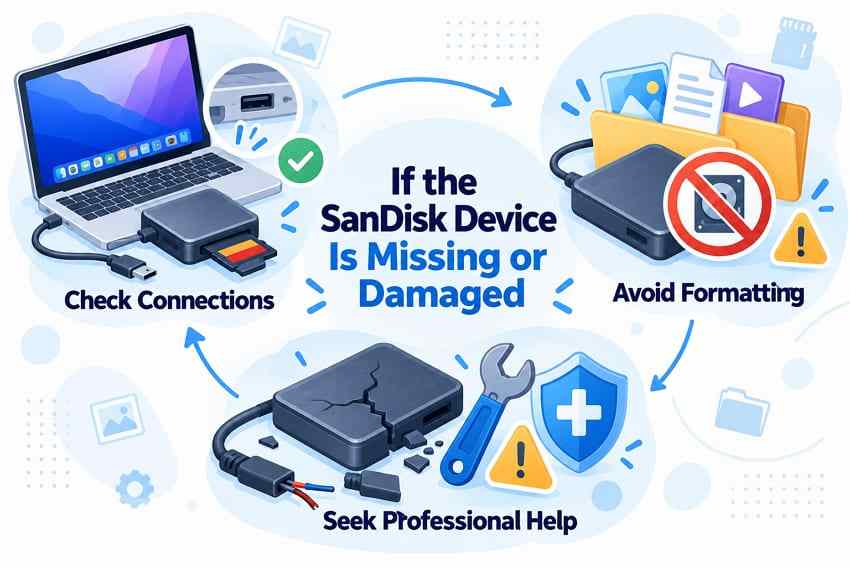safe decision path for missing sandisk storage check connections avoid formatting and seek help