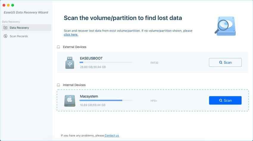 easeus mac data recovery wizard showing external and internal scan locations