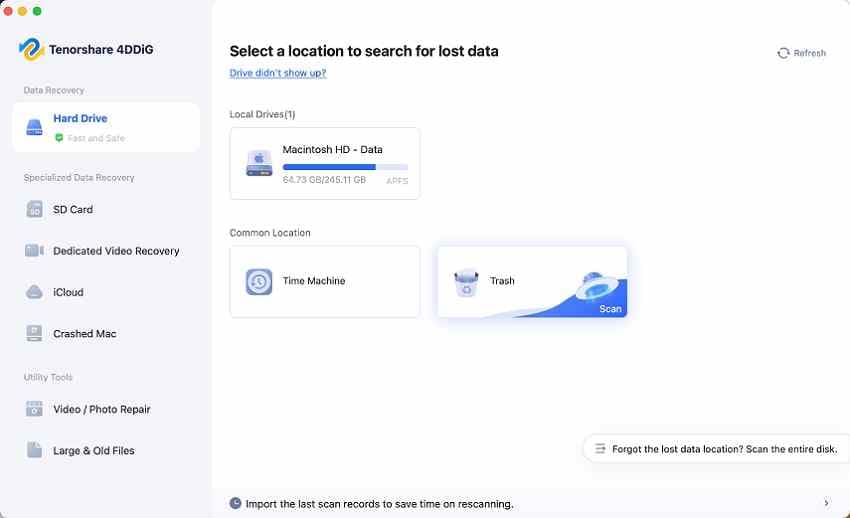 tenorshare 4ddig for mac selection screen for recovering lost files