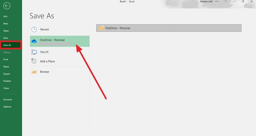 click save as choose onedrive