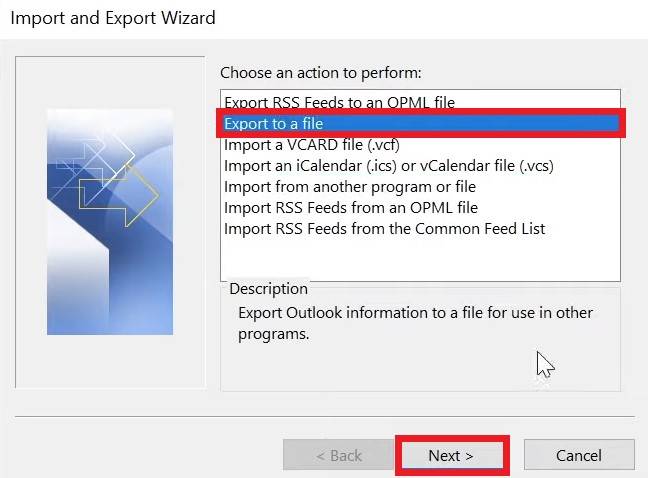 export a outlook file