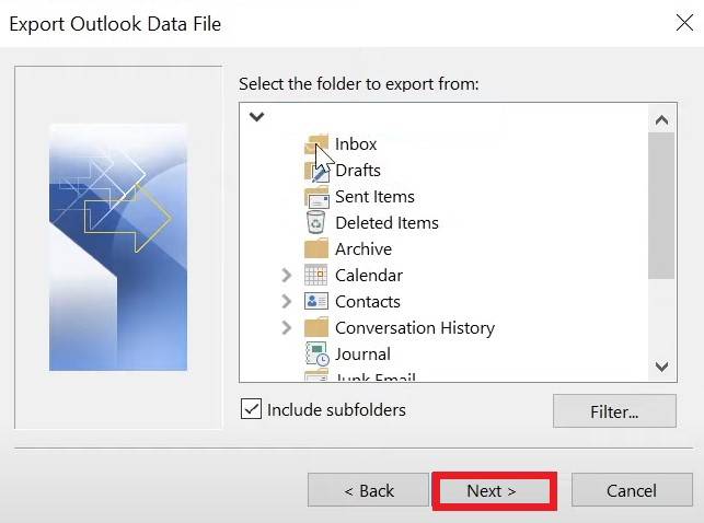 select outlook emails to backup