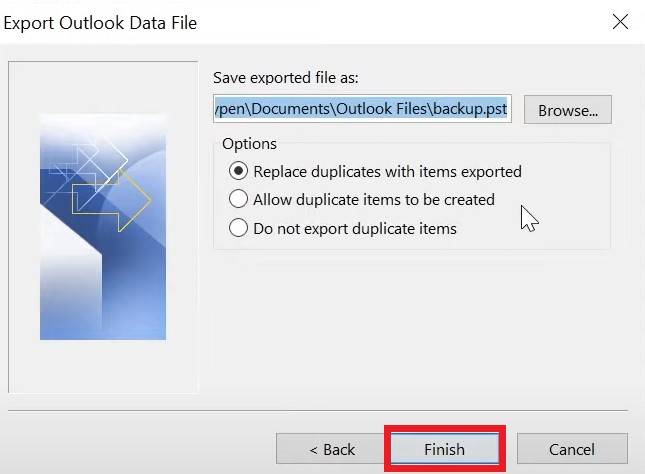 finish outlook emails to hard drive backup