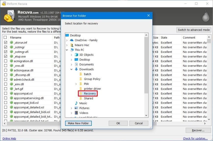 choose location to store recovered files