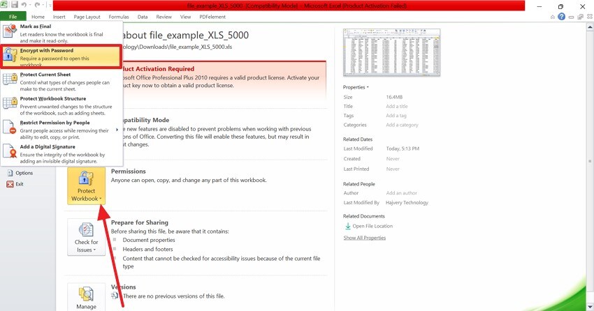 press protect workbook option