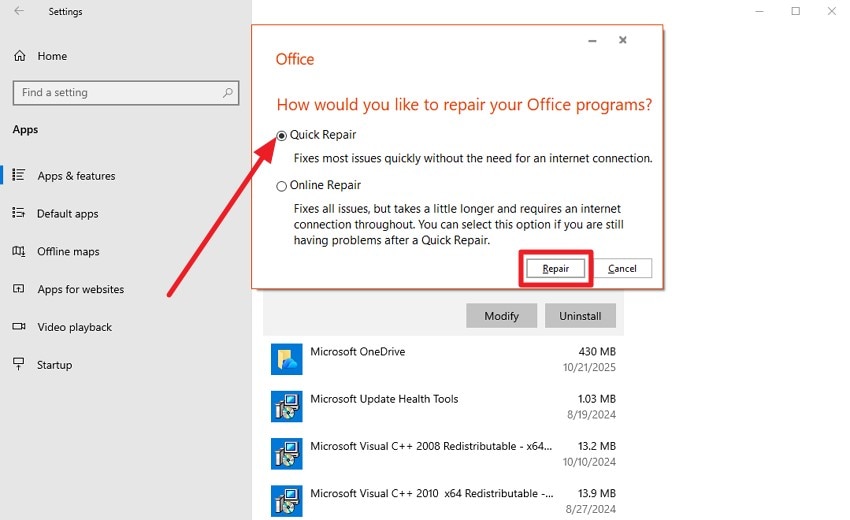 select quick repair to begin