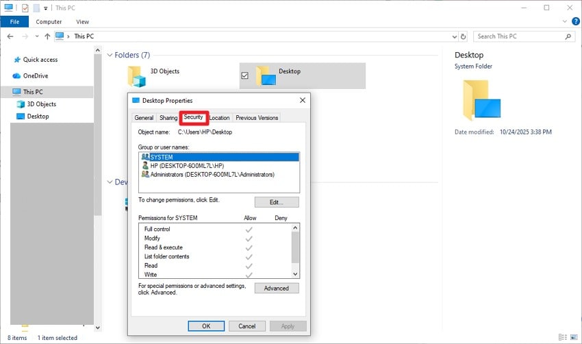 press properties select security