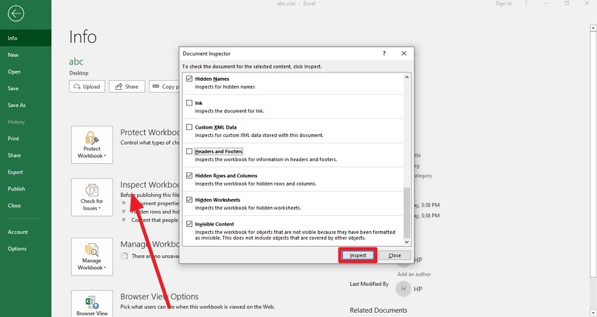 inspect workbook choose content