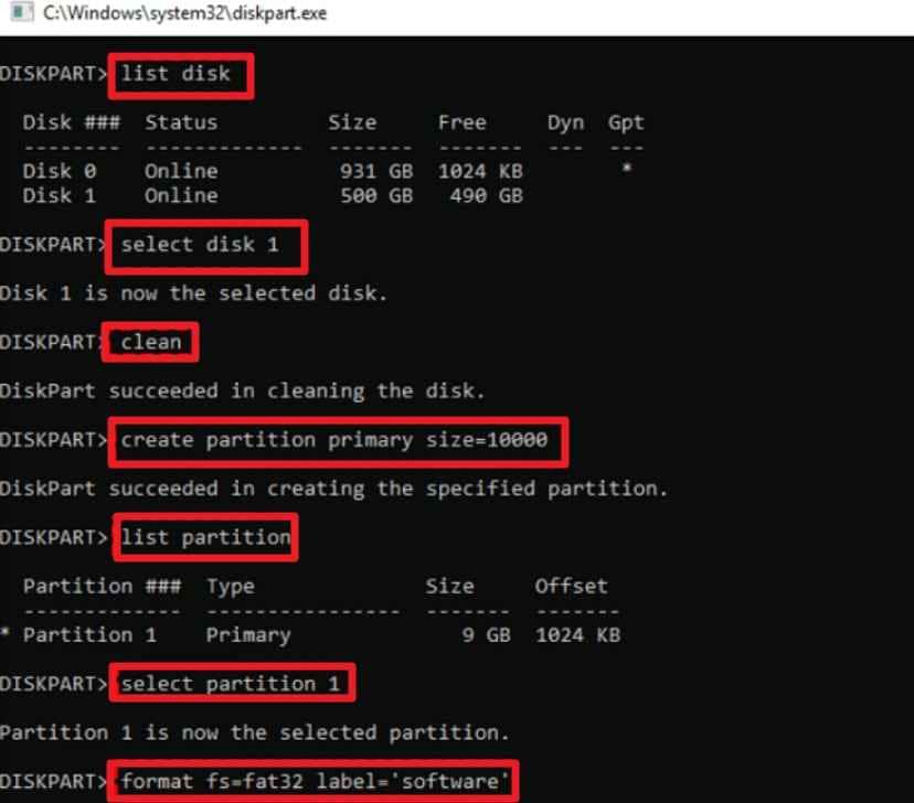 add the diskpart commands