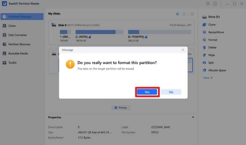 tap yes to format